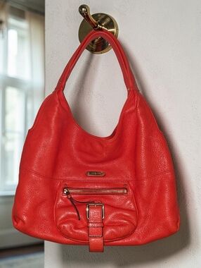 Michael Kors Large Red Pebbled Leather Hobo Shoulder Bag Gold Hardware